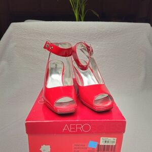 Aerosoles Mid Red Patent Peep-Toe Ankle Strap Heels
